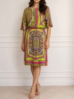 Nina Leonard Gold Pink Baroque Sheath Dress | Bateau Neck Cold ShoulderStatement